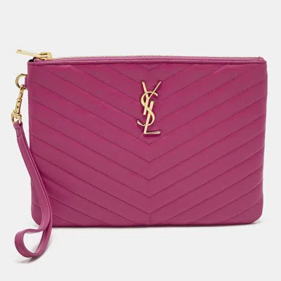 Pre-owned Saint Laurent Fuchsia Matelassé Leather A5 Wristlet Pouch In Pink