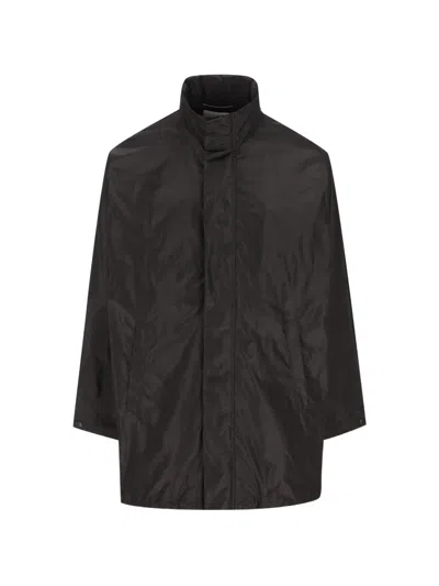 Saint Laurent Funnel Neck Silk Parka Coat In Black