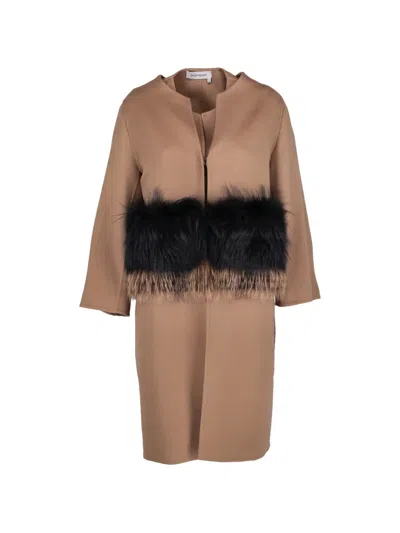 Pre-owned Saint Laurent Fur-trimmed Shift Set Coat In Neutral