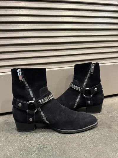 Pre-owned Saint Laurent Fw13 Suede Chain Harness Wyatt Boots 41.5 In Black