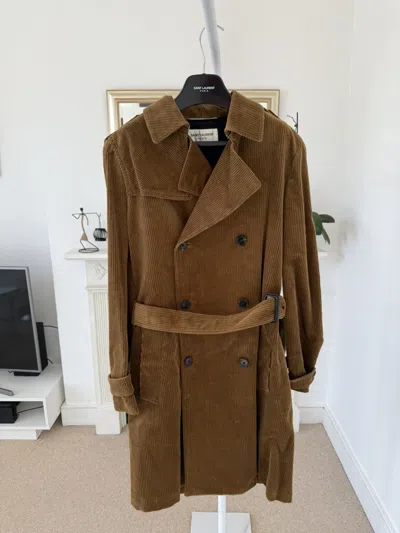 Pre-owned Saint Laurent Fw18  Corduroy Belted Trench Coat In Brown