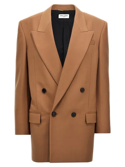 Saint Laurent Double-breasted Wool-gabardine Blazer In Brown
