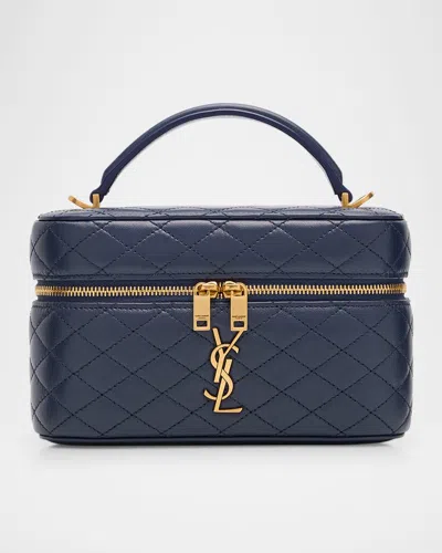 Saint Laurent Gabby Mini Vanity Case In Quilted Leather With Gold Hardware In Marine