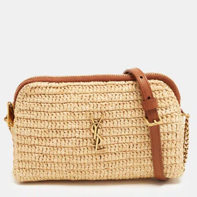 Pre-owned Saint Laurent Gaby Beige/brown Raffia And Leather Crossbody Bag In Sand