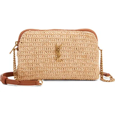 Saint Laurent Gaby Cassandre Logo Raffia Crossbody Bag In Naturale/brick