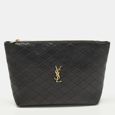 Pre-owned Saint Laurent Gaby Cosmetic Pouch Black Quilted Leather