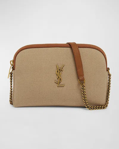 Saint Laurent Gaby Mini Ysl Crossbody Bag In Canvas & Leather In Desert Dust/brick