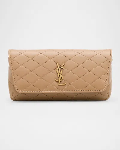 Saint Laurent Gaby Phone Holder Ysl Crossbody Bag In Quilted Smooth Leather In Dark Toffee