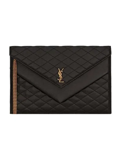 Saint Laurent Gaby Quilted Envelope Clutch Bag In Black
