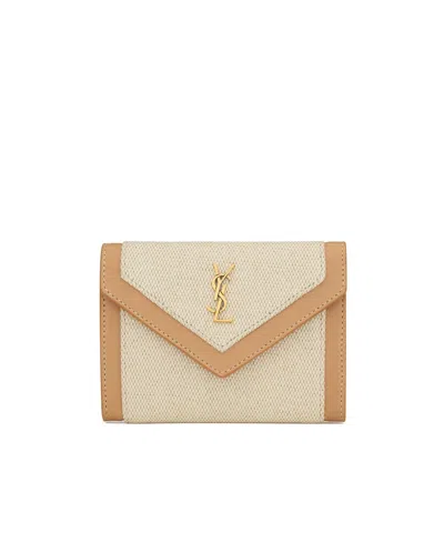 Saint Laurent Gaby Small Envelope Wallet In Canvas And Vegetable-tanned Leather In Nude