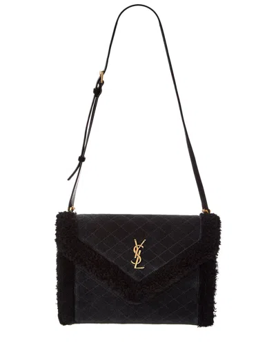 Saint Laurent Gaby Suede & Shearling Shoulder Bag In Black