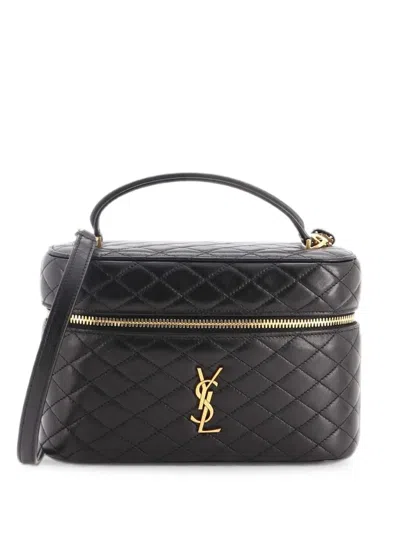 Pre-owned Saint Laurent Gaby Zip Around Vanity Bag Quilted Leather Mini Satchel In Black