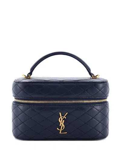 Pre-owned Saint Laurent Gaby Zip Around Vanity Bag Quilted Leather Mini Satchel In Blue