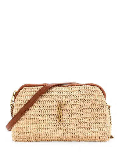 Pre-owned Saint Laurent Gaby Zipped Pouch Raffia Crossbody Bag In Brown