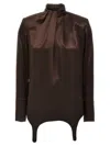 Saint Laurent Satin Blouse High Neckline Buttoned Cuffs In Brown