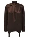 Saint Laurent Satin Blouse High Neckline Buttoned Cuffs In Brown