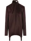 Saint Laurent Satin Blouse High Neckline Buttoned Cuffs In Brown