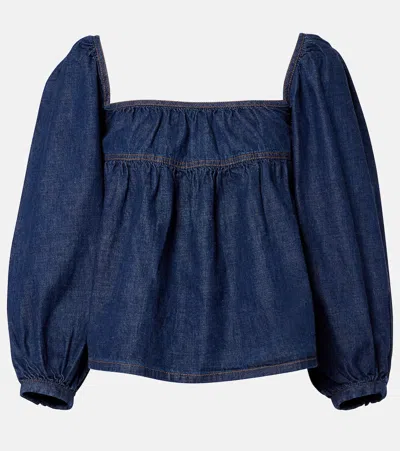 Saint Laurent Gathered Denim Blouse In Blue