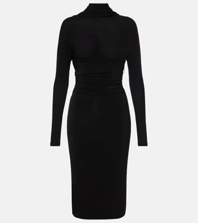 Saint Laurent Gathered Jersey Midi Dress In Black