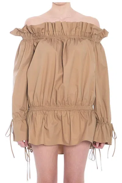 Saint Laurent Ruched Neckline Mini Dress Poet Sleeves In Brown