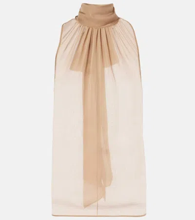 Saint Laurent Draped Silk Muslin Blouse In Beige