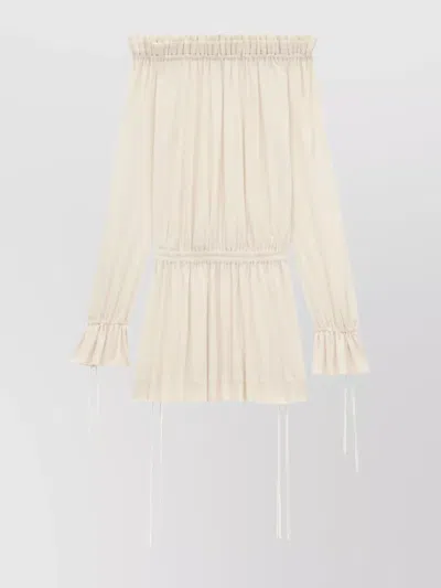 Saint Laurent Gathered Waist Off-the-shoulder Dress In Neutral
