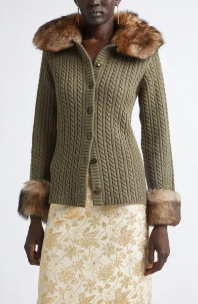 Saint Laurent Genuine Shearling Trim Cashmere Cable Cardigan In Green