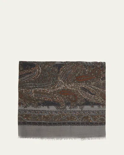 Saint Laurent Geometric Paisley Cashmere Scarf In Pearl Multicolor