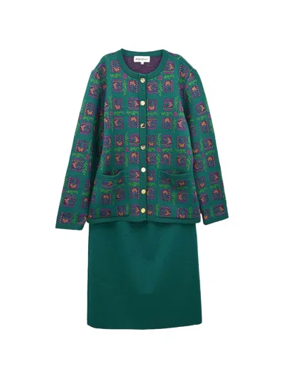 Pre-owned Saint Laurent Geometric-pattern Cardigan And Skirt Set In Green