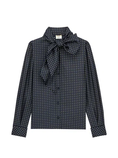 Saint Laurent Geometric-print Pussy-bow Blouse In Blue