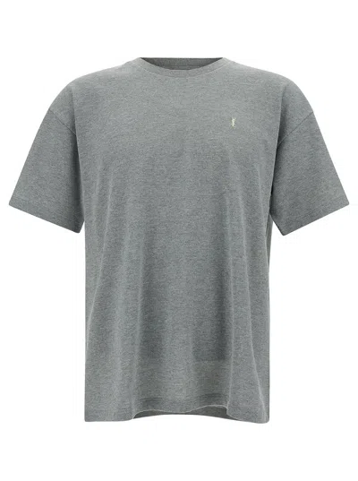 Saint Laurent Gey Crewneck T-shirt With Cassandre Embroidery In Cotton Man In Gray