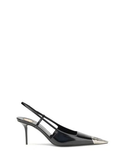 Saint Laurent Jeanne Slingback Pumps In Glazed Leather With Metal Toe Shoes In Black