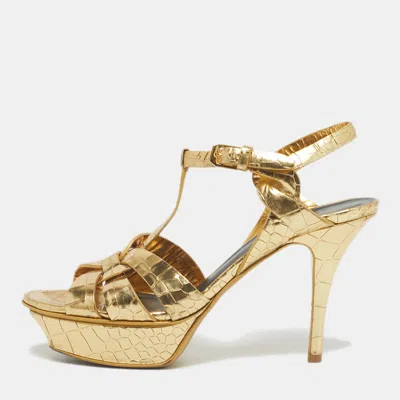 Pre-owned Saint Laurent Gold Croc Embossed Leather Tribute Platform Sandals Size 37.5