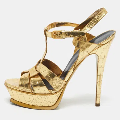 Pre-owned Saint Laurent Gold Croc Embossed Leather Tribute Platform Sandals Size 38