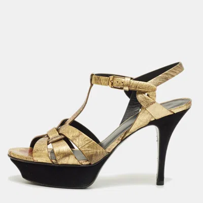 Pre-owned Saint Laurent Gold Eel Leather Tribute Platform Sandals Size 37