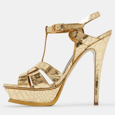 Pre-owned Saint Laurent Gold Embossed Crocodile Tribute Sandals Size 39
