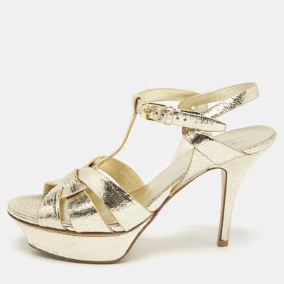 Pre-owned Saint Laurent Gold Foil Leather Tribute Ankle Strap Sandals Size 38.5