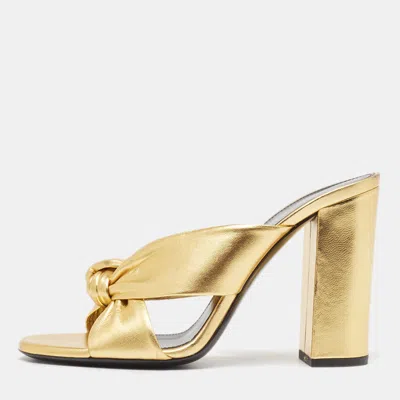 Pre-owned Saint Laurent Gold Leather Bianca Knotted Slide Sandals Size 37