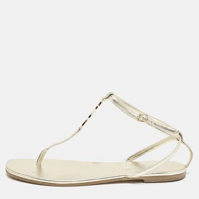Pre-owned Saint Laurent Gold Leather Cassandra Thong Flat Sandals Size 39