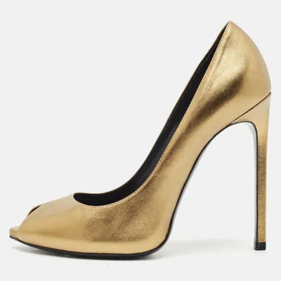 Pre-owned Saint Laurent Gold Leather Peep Toe Pumps Size 37.5