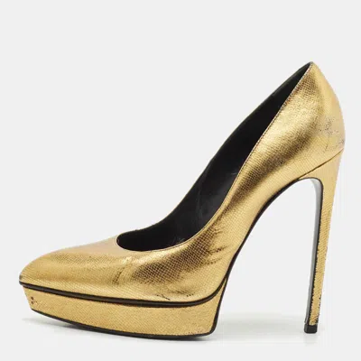 Pre-owned Saint Laurent Gold Leather Pointed Toe Janis Platform Pumps Size 40