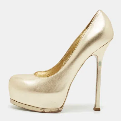 Pre-owned Saint Laurent Gold Leather Tribtoo Platform Pumps Size 38.5
