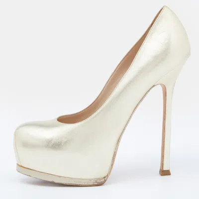 Pre-owned Saint Laurent Gold Leather Tribtoo Platform Pumps Size 38.5
