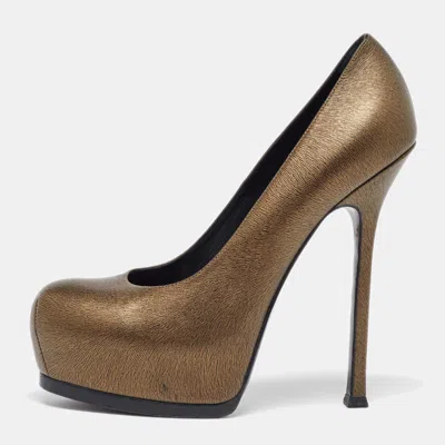 Pre-owned Saint Laurent Gold Leather Tribtoo Platform Pumps Size 39