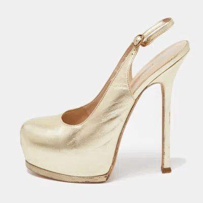 Pre-owned Saint Laurent Gold Leather Tribtoo Slingback Pumps Size 38