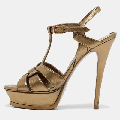 Pre-owned Saint Laurent Gold Leather Tribute Platform Sandals Size 39