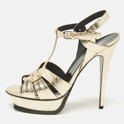 Pre-owned Saint Laurent Gold Lizard Embossed Leather Tribute Ankle Strap Sandals Size 41