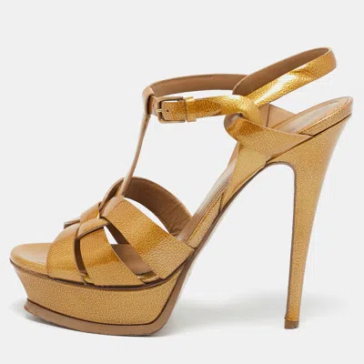 Pre-owned Saint Laurent Gold Patent Leather Tribute Platform Sandals Size 38.5