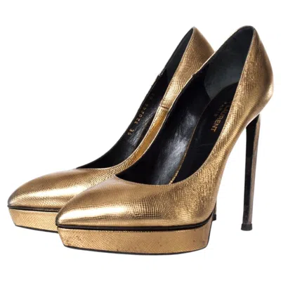 Pre-owned Saint Laurent , Gold Platform Pump In Brown
