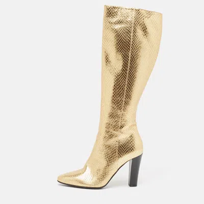 Pre-owned Saint Laurent Gold Python Embossed Leather Knee Length Boots Size 35 In Yellow